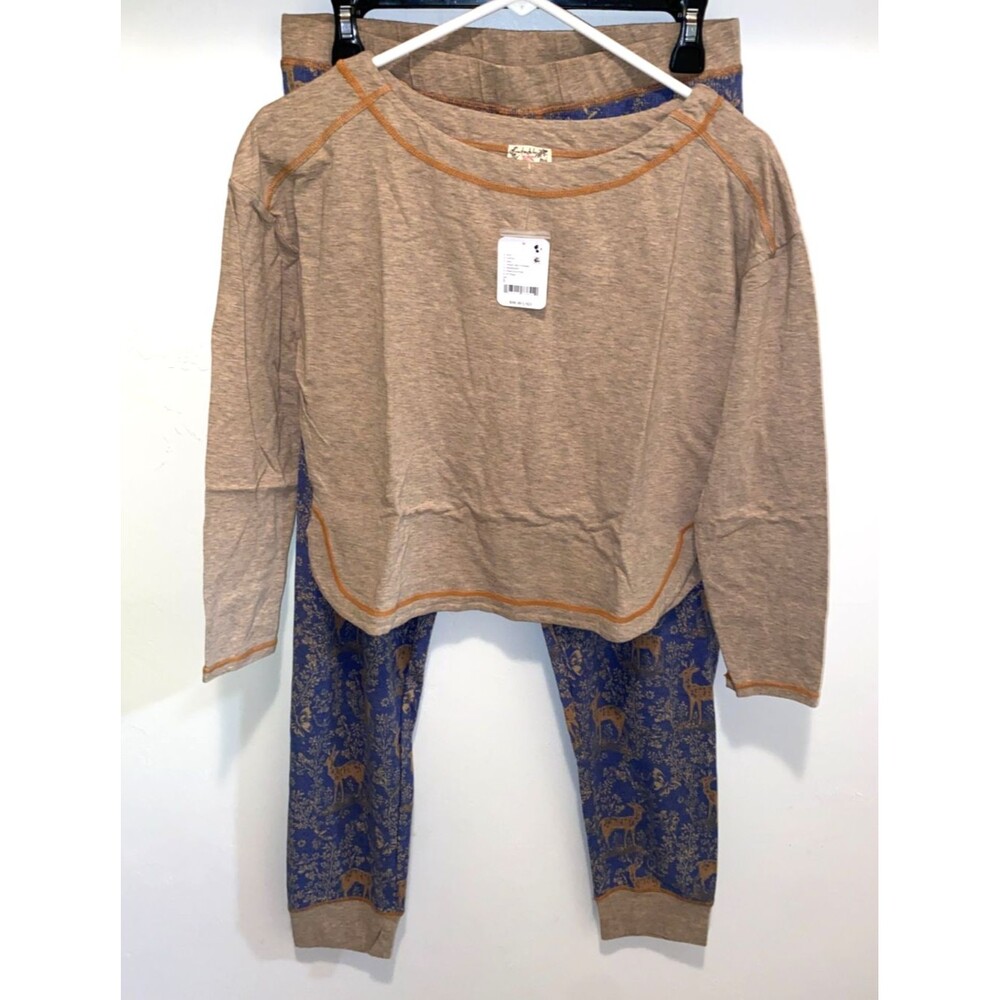 Intimately Free People Chill Evening PJ Set Women's L Night Sky Deer Thermal NWT